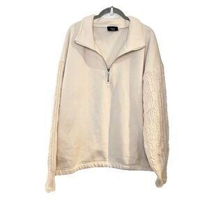 Vici Fleece Oversized 1/4 Zip Sweatshirt Cream Cable Knit Sleeves Distressed L